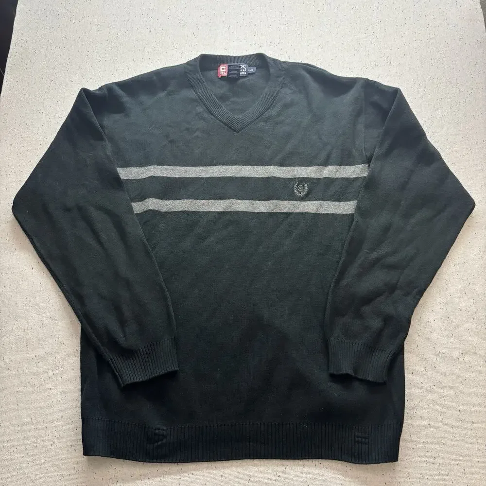 Chaps Ralph Lauren Mens Large V-Neck Sweater Black Grey Stripe Cottagecore